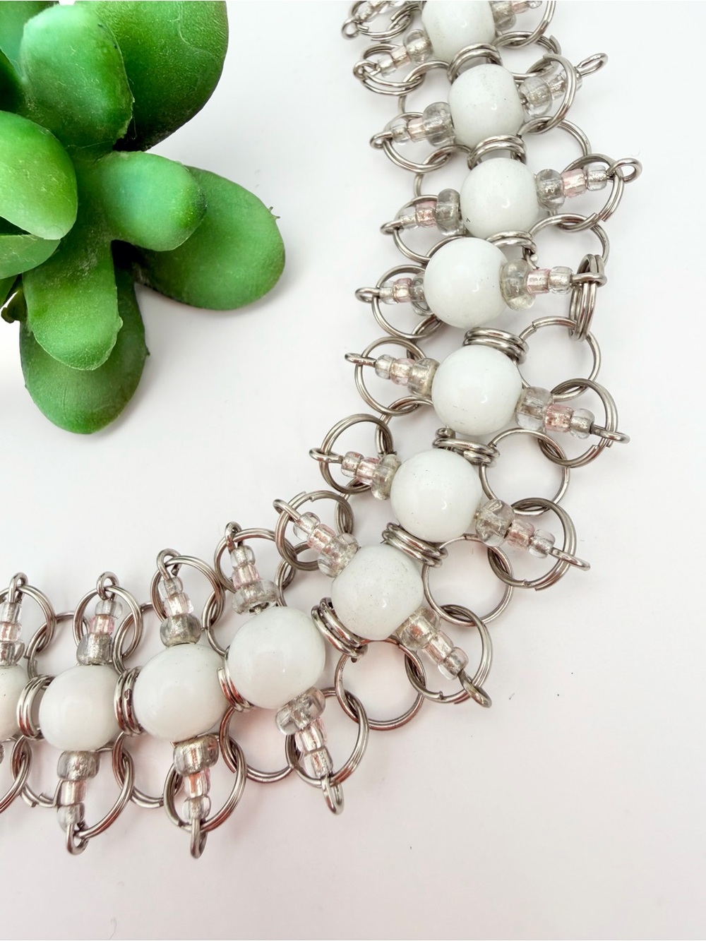 White Bead Silver-Tone Statement Bracelet - Elegant Women’s Jewelry